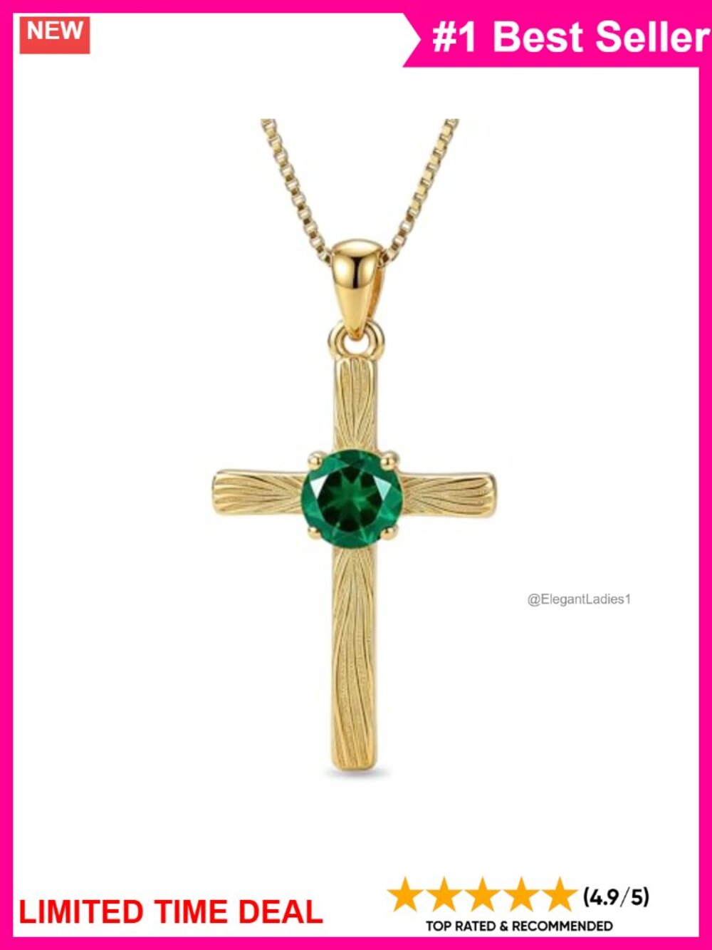 14K Gold Plated Birthstone Cross Necklace 18+2" Curb Chain Pendant